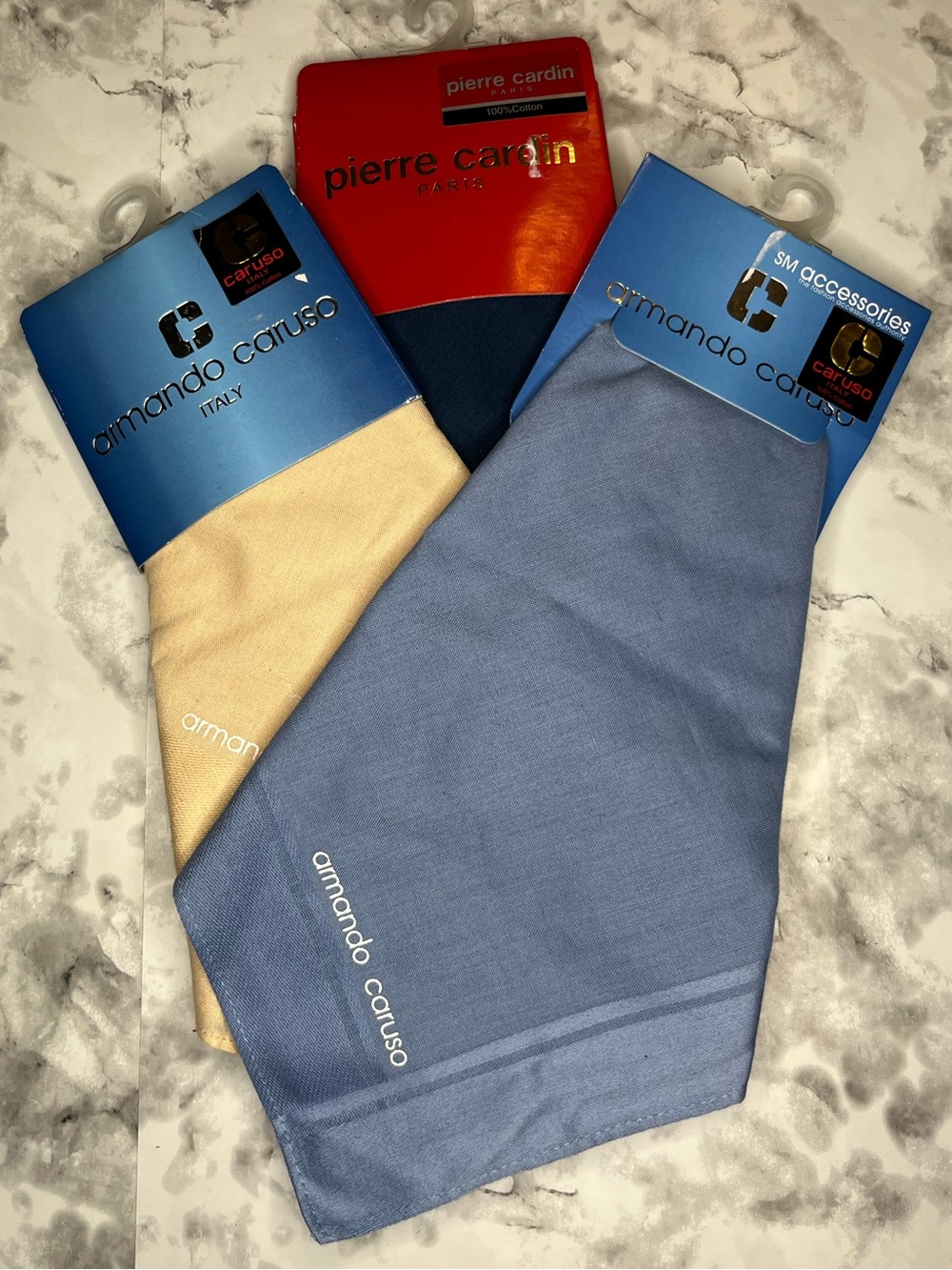 Vintage Caruso/Pierre Cardin Men's Blue and Beige Handkerchief Set